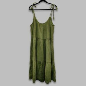 Time and Tru Sundress Tiered Tie Sleeves Midi Dress Cotton Olive Green W US XXL